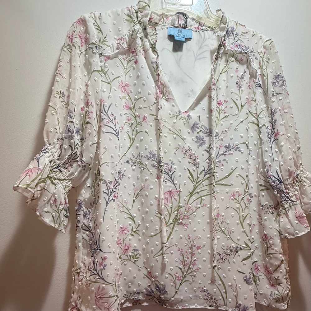 CeCe Floral Ruffle Blouse in Pink and Green